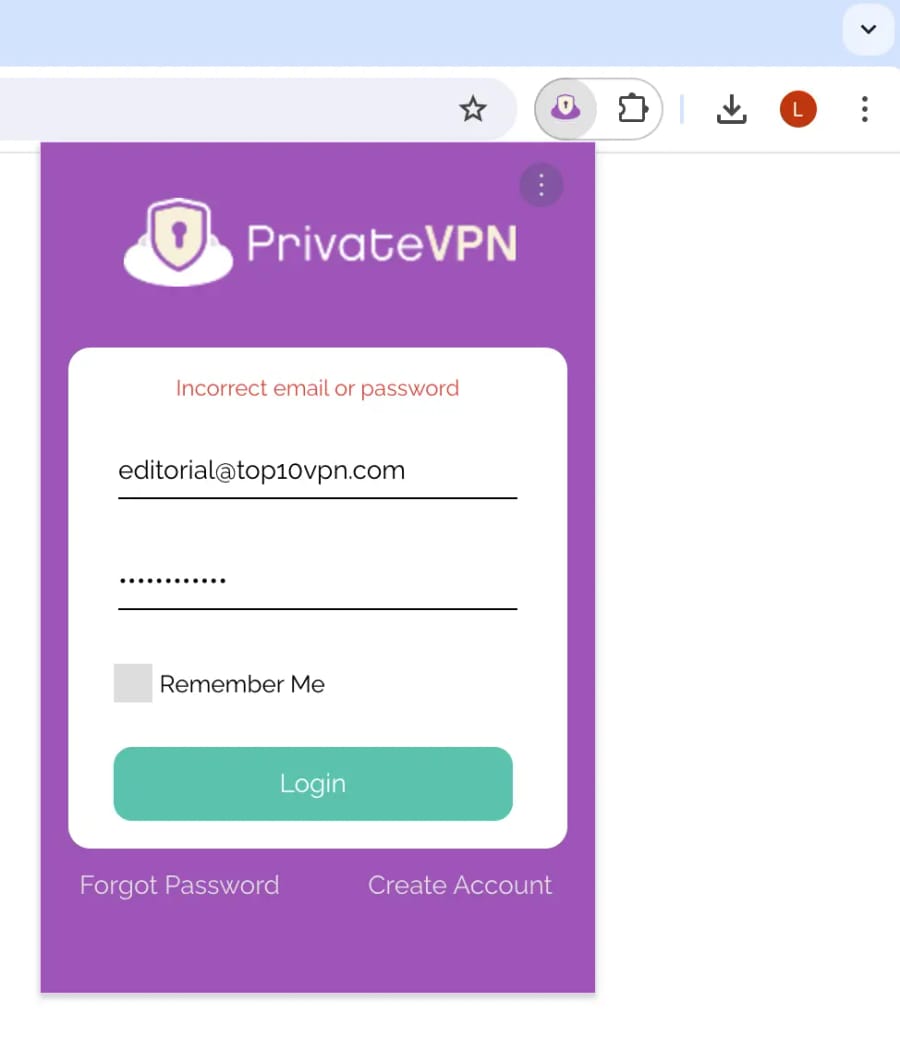 L'estensione Chrome di PrivateVPN non ci ha permesso di accedere utilizzando i nostri dati di accesso attivi.