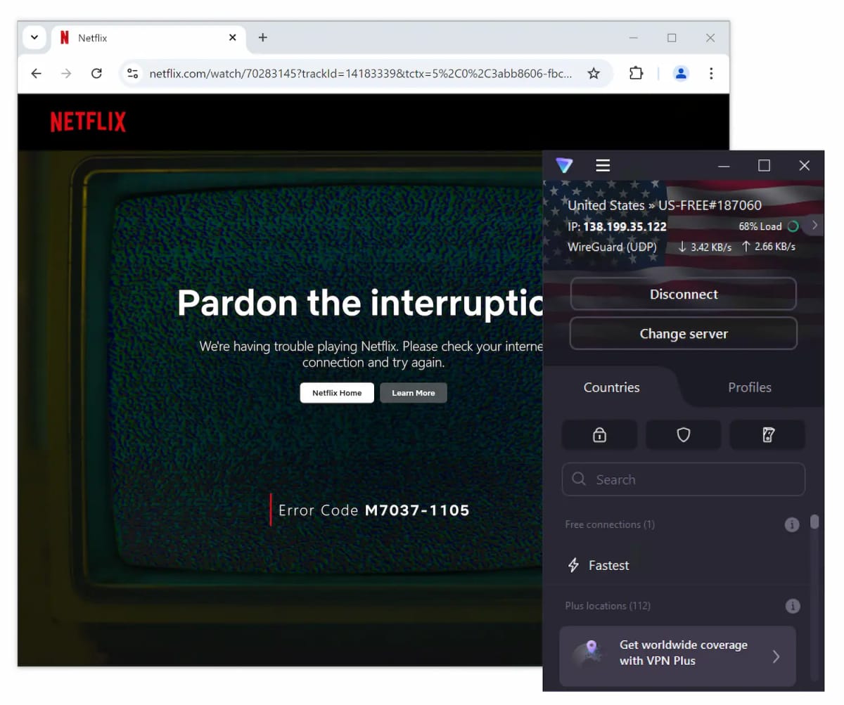 Proton VPN Free being blocked from Netflix.