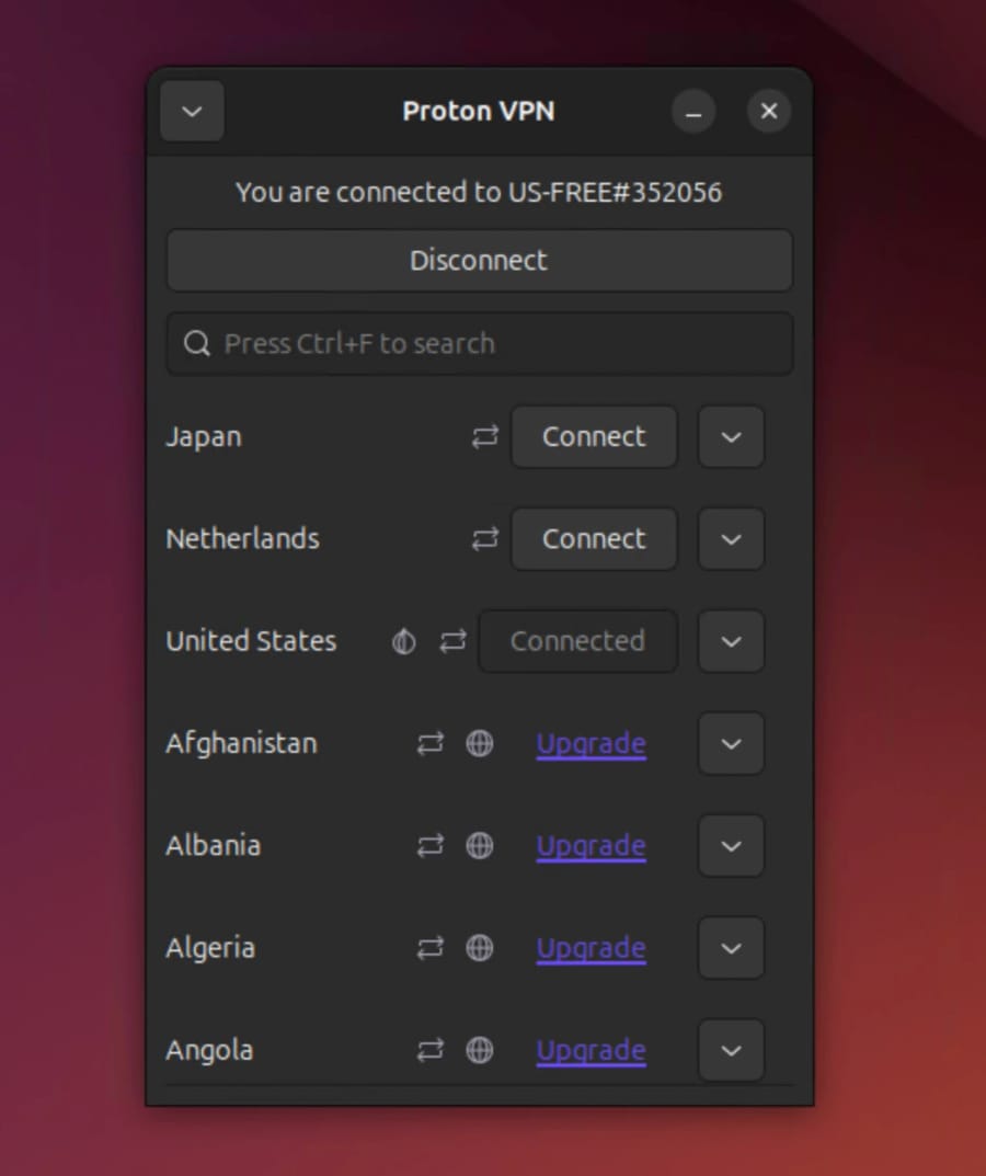 Proton VPN's Linux app running on Ubuntu