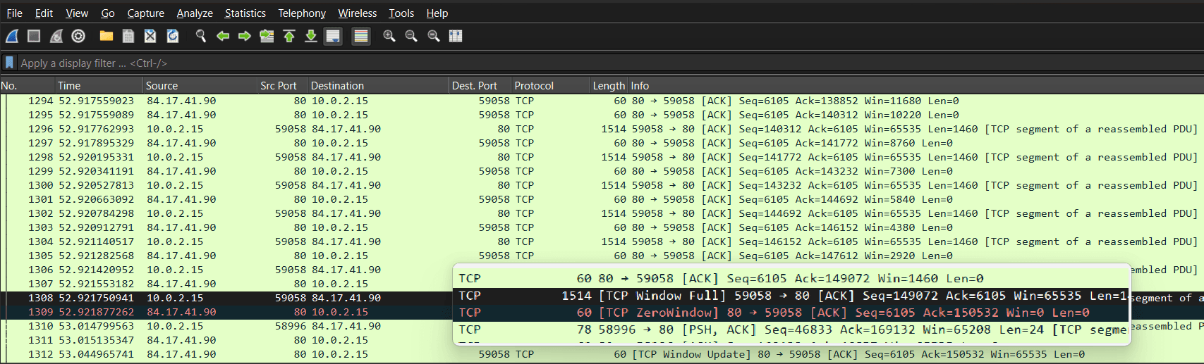 Captura de pantalla de Wireshark que muestra los mensajes TCP Window Full y Zero Window en una conexión TCP