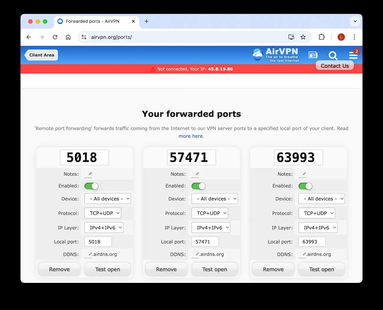 Ativando o recurso de encaminhamento de porta da AirVPN no site