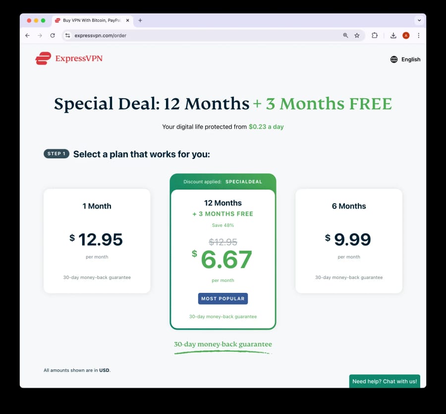 ExpressVPN pricing plan