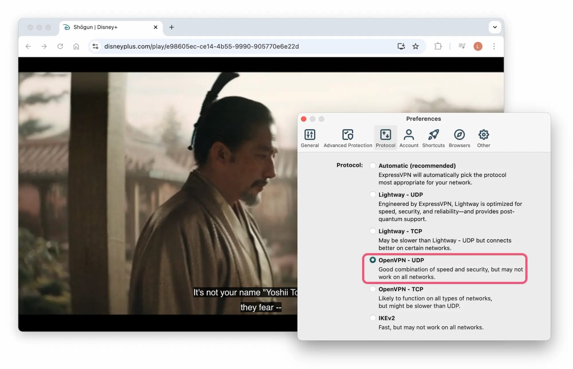 Una ventana que muestra la transmisión de Shogun en Disney+ y otra UDP seleccionado en la aplicación de ExpressVPN