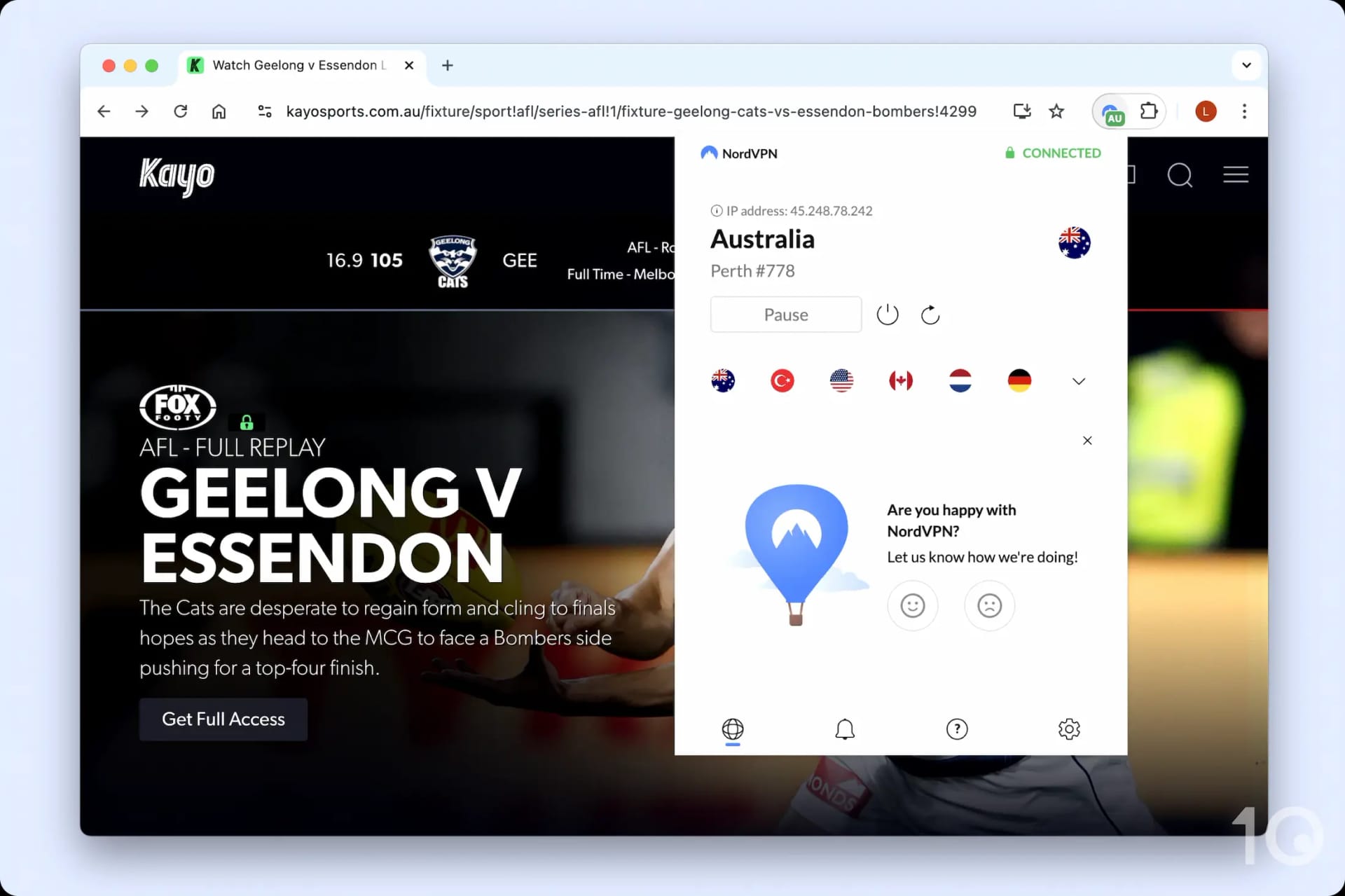 Visione di Kayo Sports dall'estero usando NordVPN