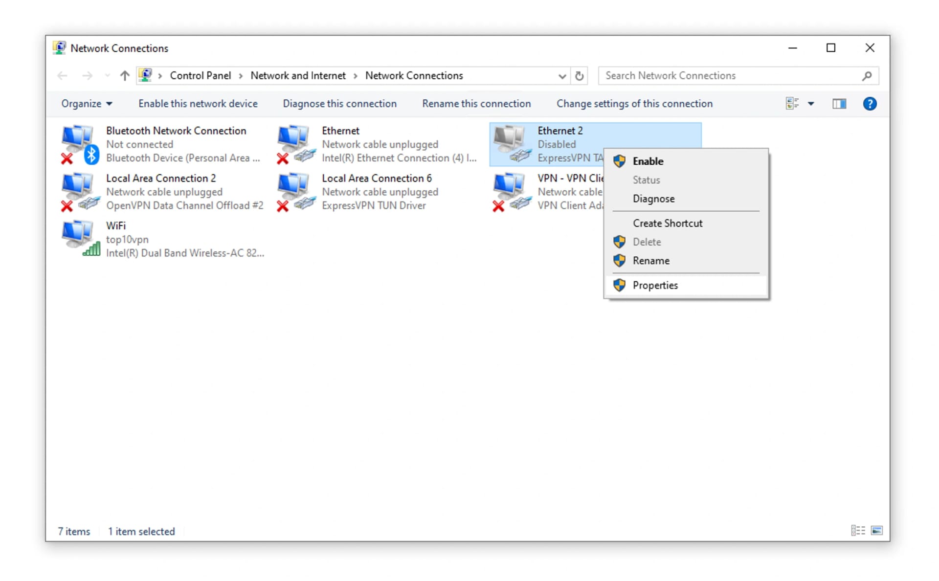 Windows network settings with ExpressVPN TAP Adapter highlighted