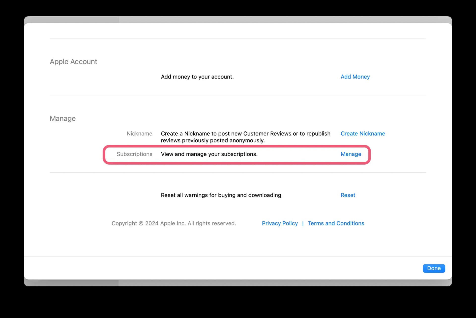 Manage subscriptions option on macOS App Store