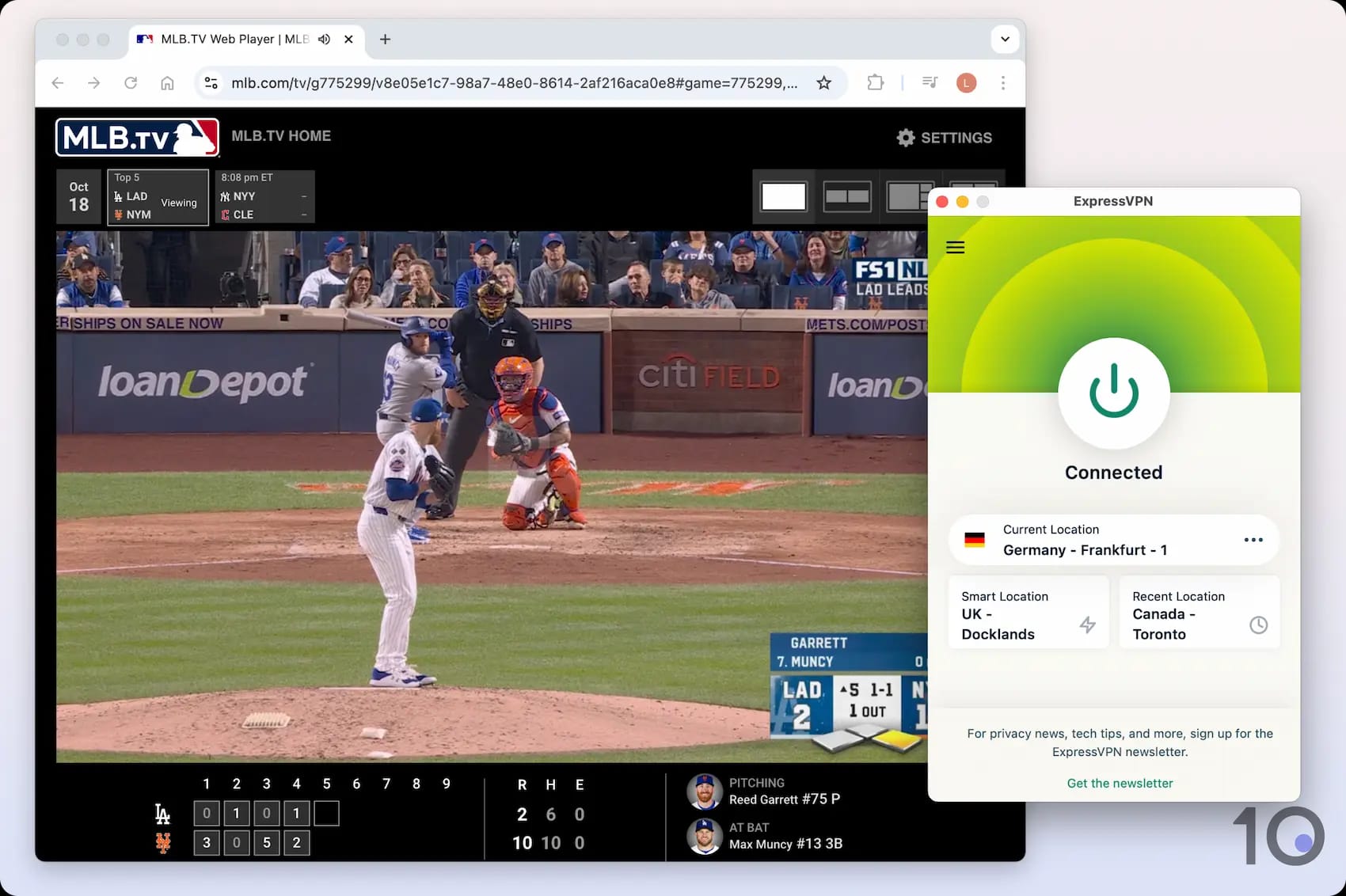 Bypassing MLB blackouts by connecting to a German ExpressVPN server