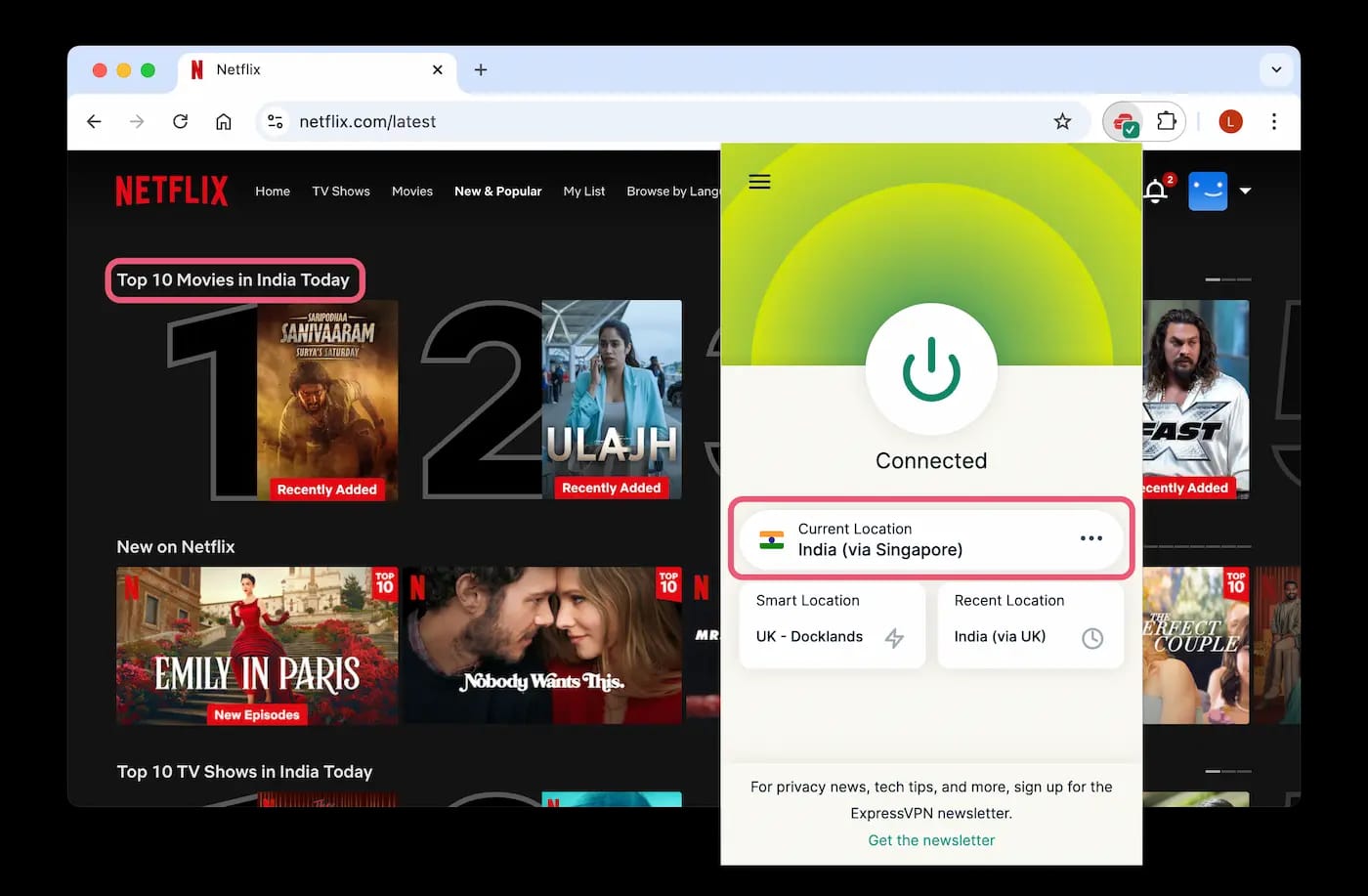 Zugriff auf die indische Netflix-Bibliothek während der Verbindung mit einem indischen ExpressVPN-Server