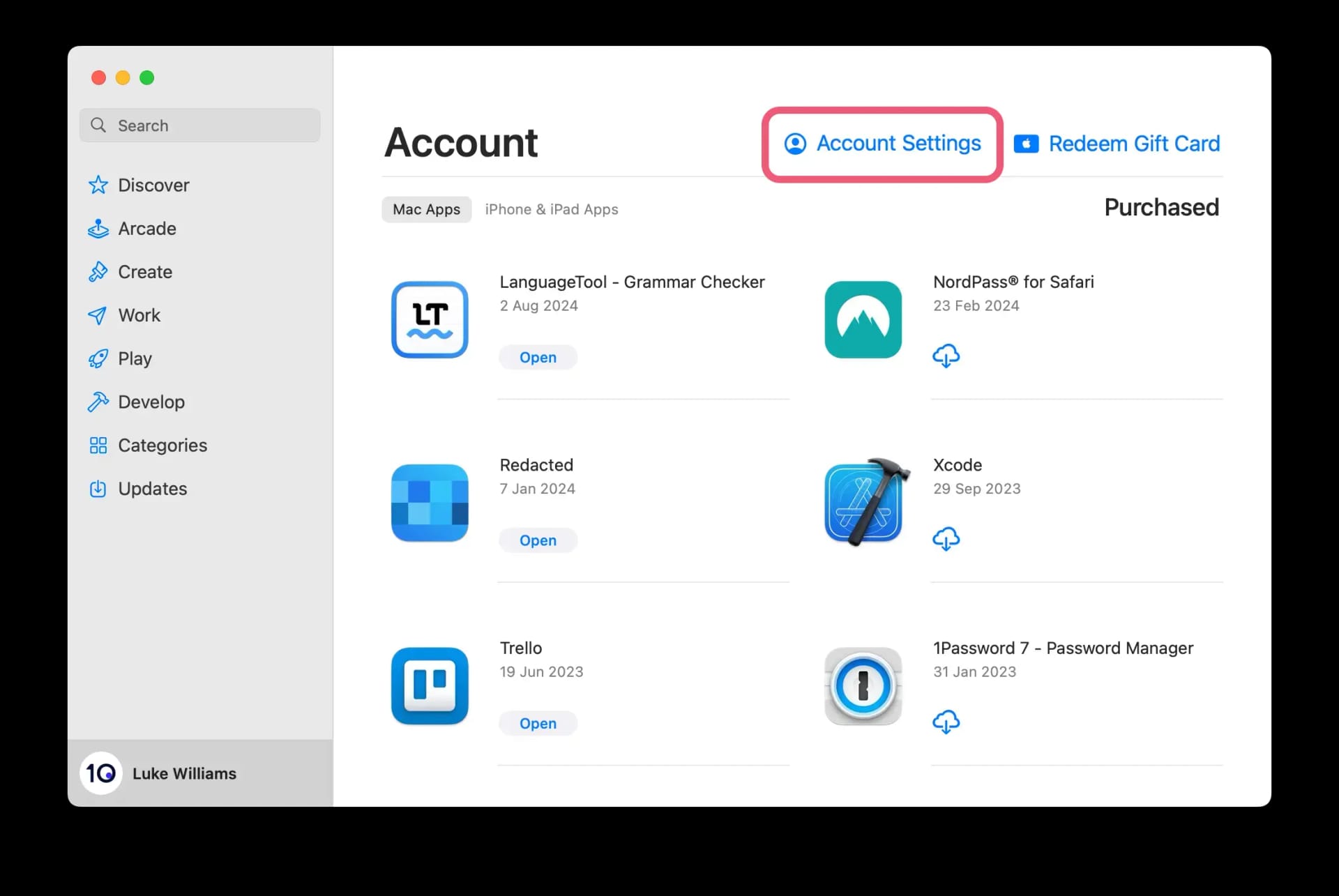 Account page on macOS App Store