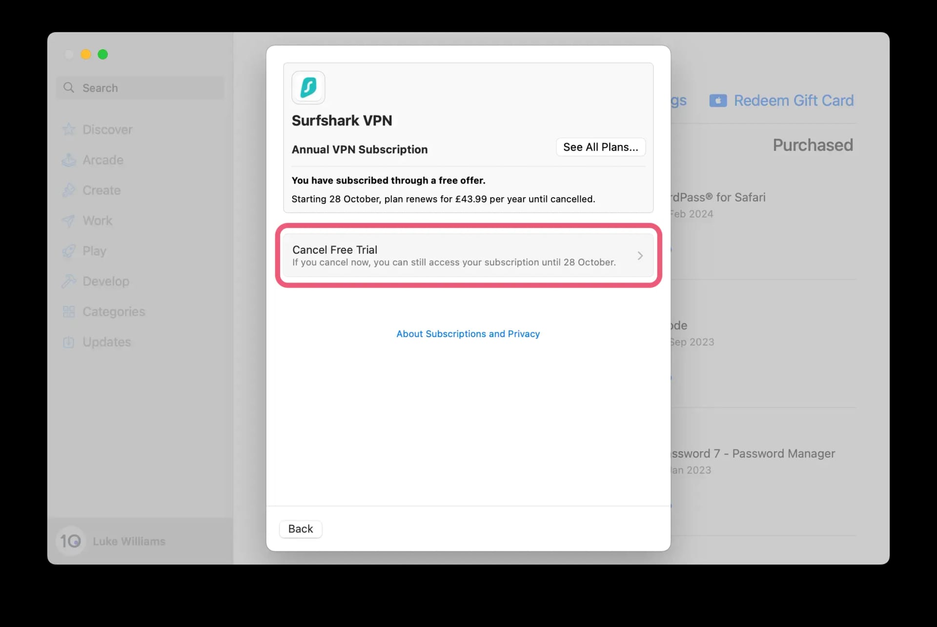 Cancelling Surfshark's macOS free trial