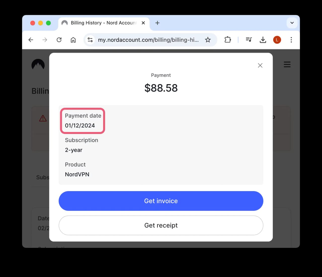 Recibo mostrando que pagamos pela NordVPN durante o fim de semana da Black Friday