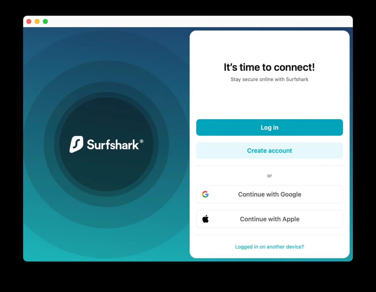 Surfshark Mac app sign in screen