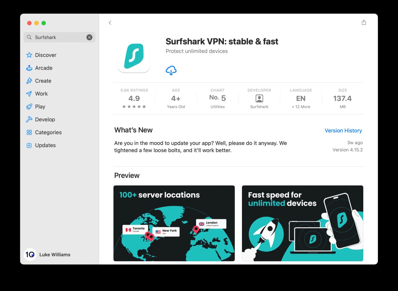 Surfshark Mac App Store listing