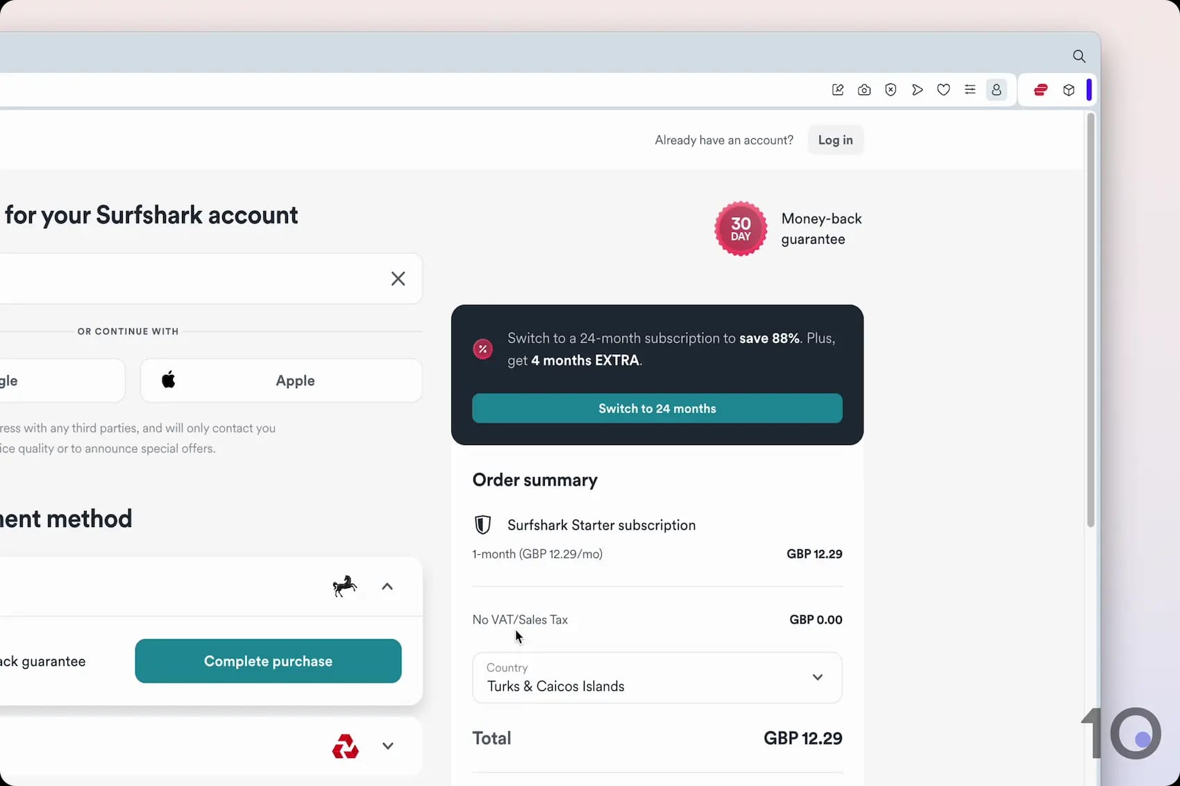 Surfshark subscription payment screen