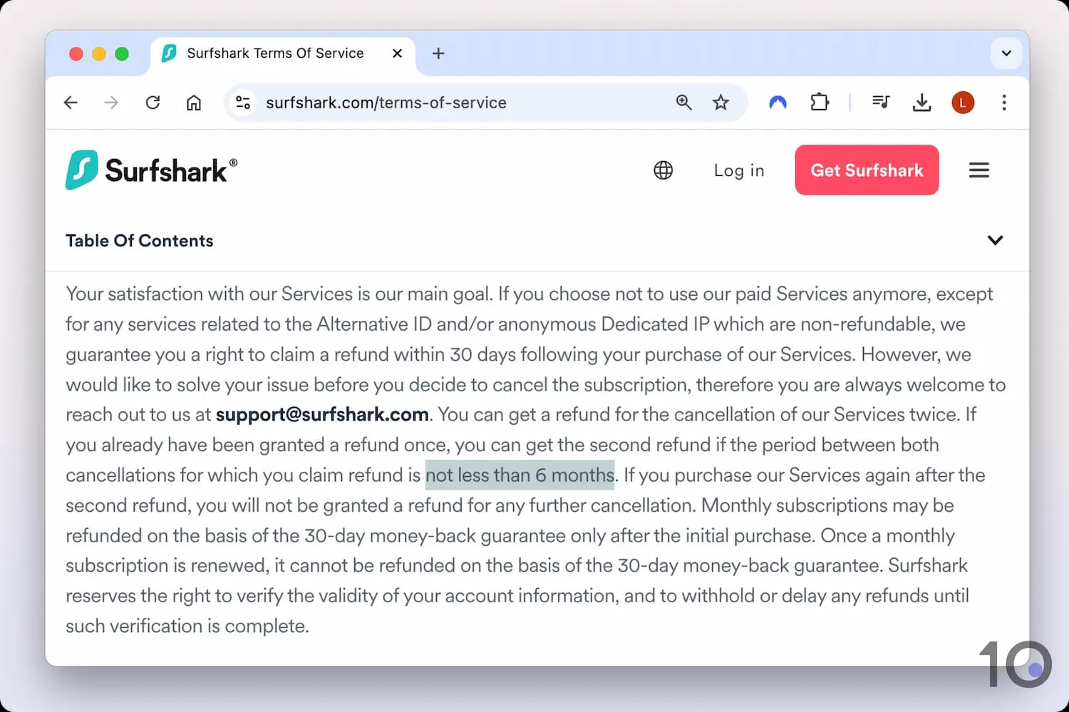 Surfshark's terms of service, stating that you can request a refund every 6 months