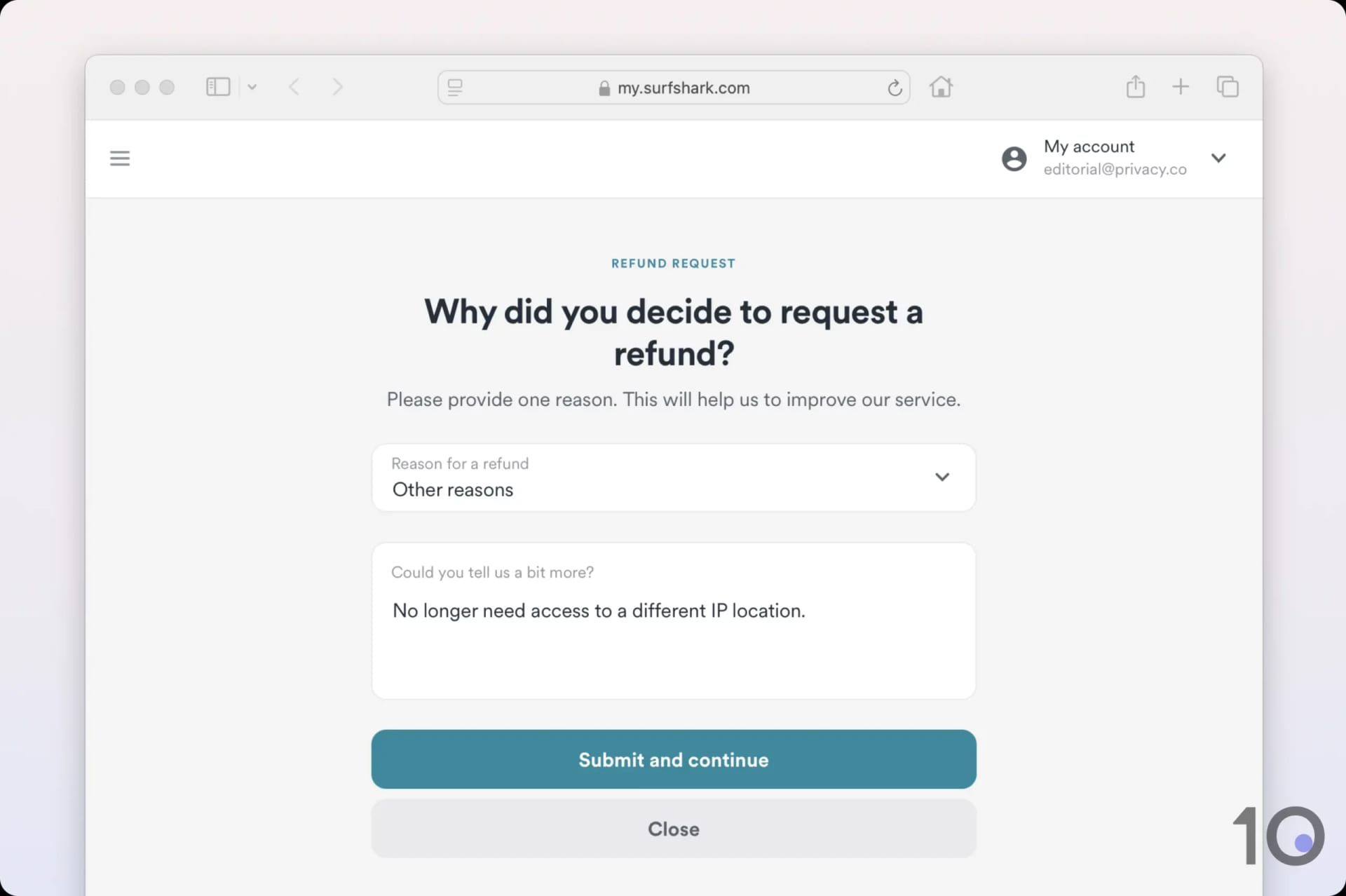 Surfshark's refund request form