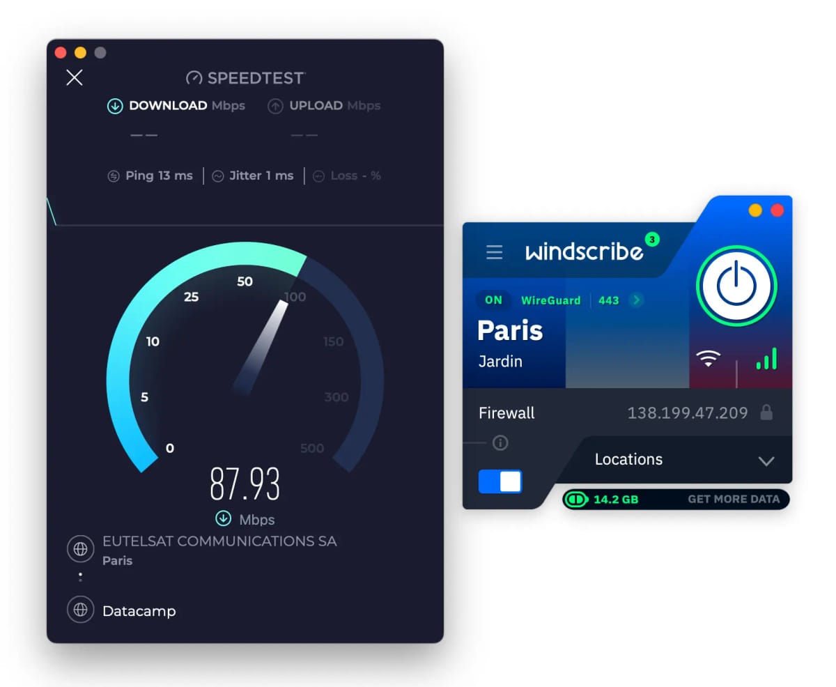 Measuring Windscribe Free's download speed while connected to a server in France