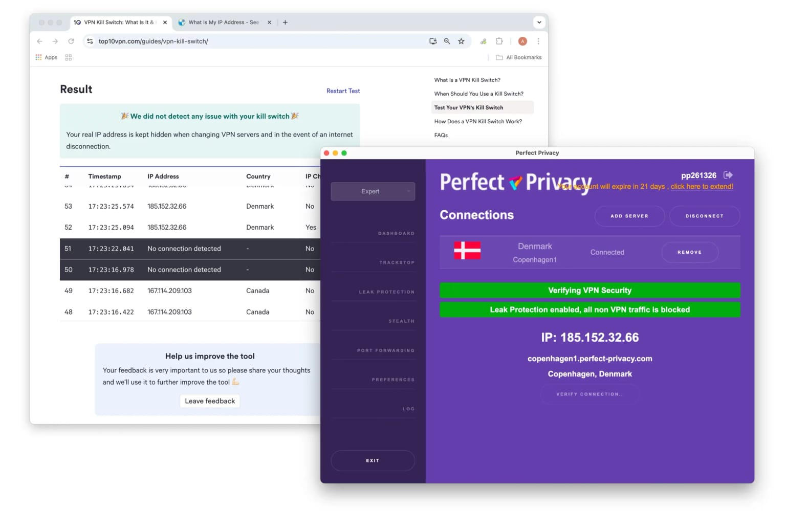 Perfect Privacy passing our kill switch test