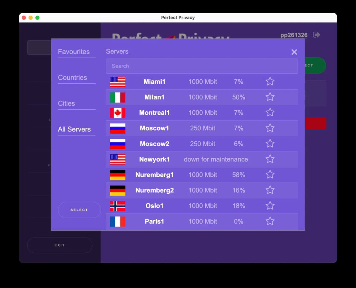 Perfect Privacy's server list on macOS