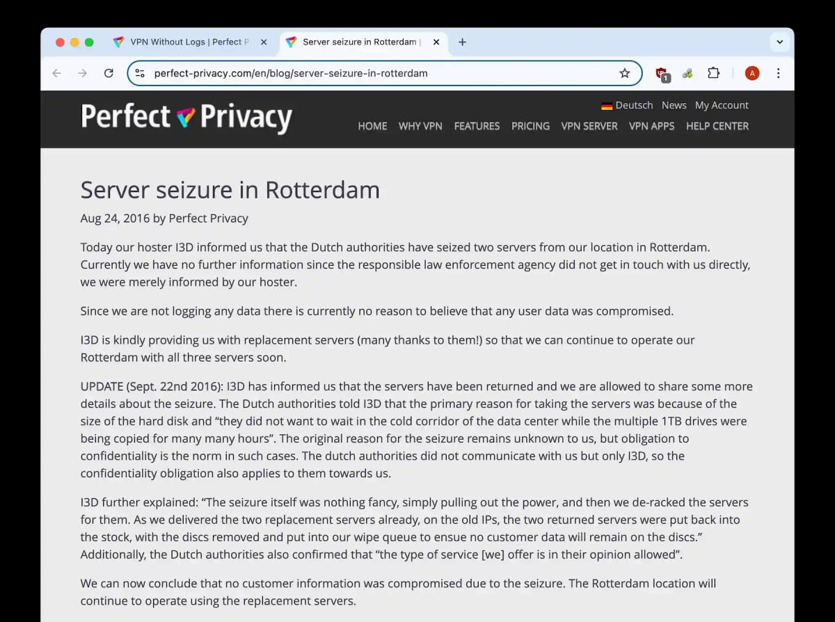 Perfect Privacy's announcement regarding a server seizure