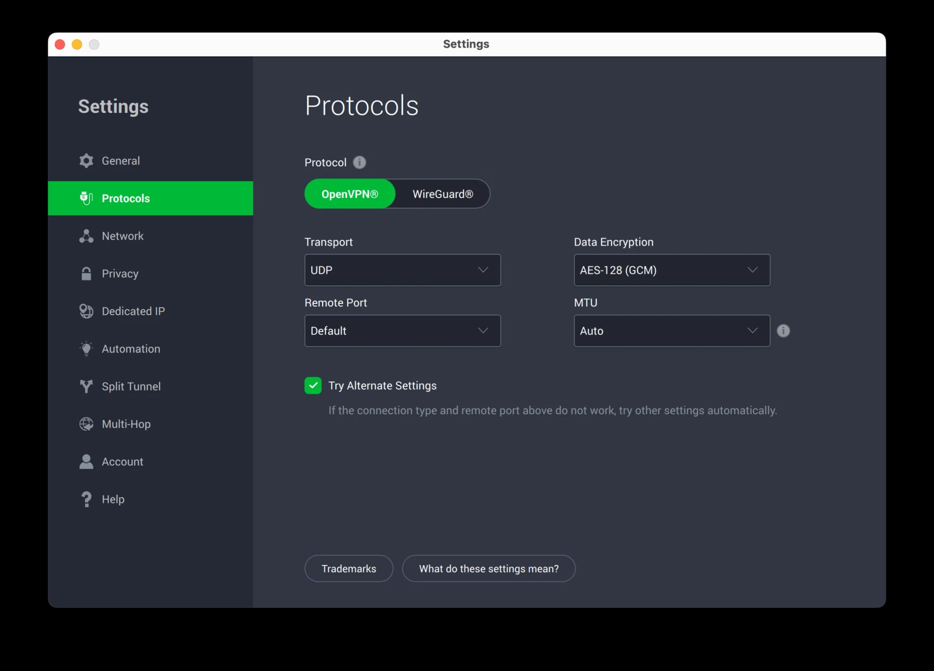 PIA's encryption settings