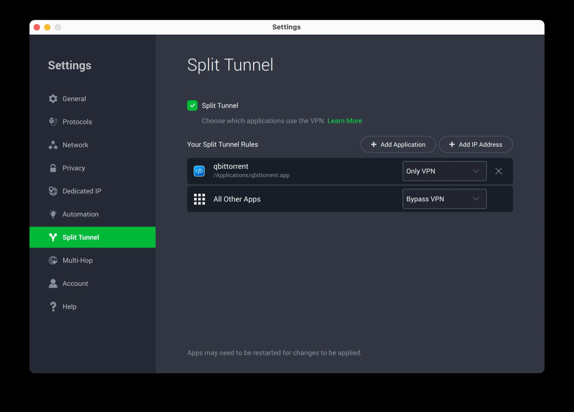 PIA's split tunneling feature