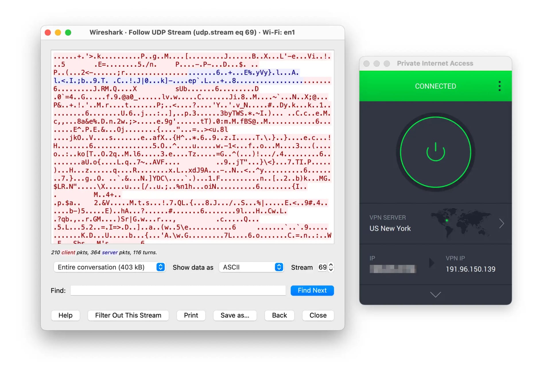 Wireshark results alongside PIA's macOS app