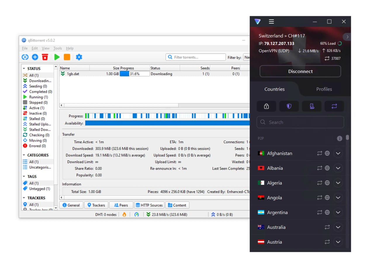 O Proton VPN baixando torrent com o qBittorrent, com o Kill Switch e encaminhamento de porta ativados