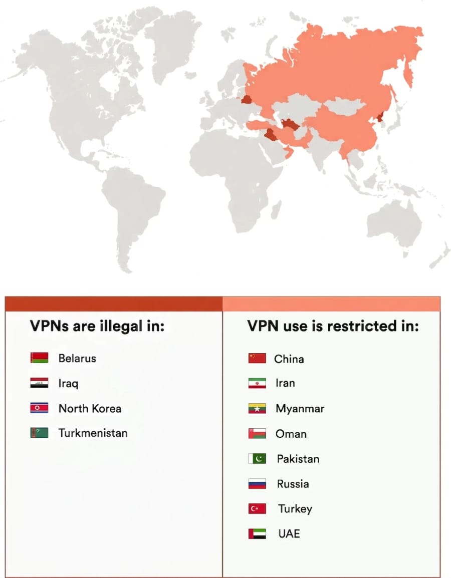 Map showing where VPNs are illegal or restricted.