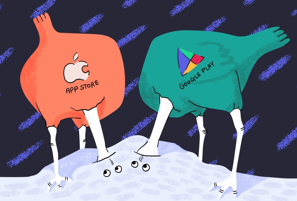 Illustration of ostriches featuring the Play and App Store logos with heads in the sand.