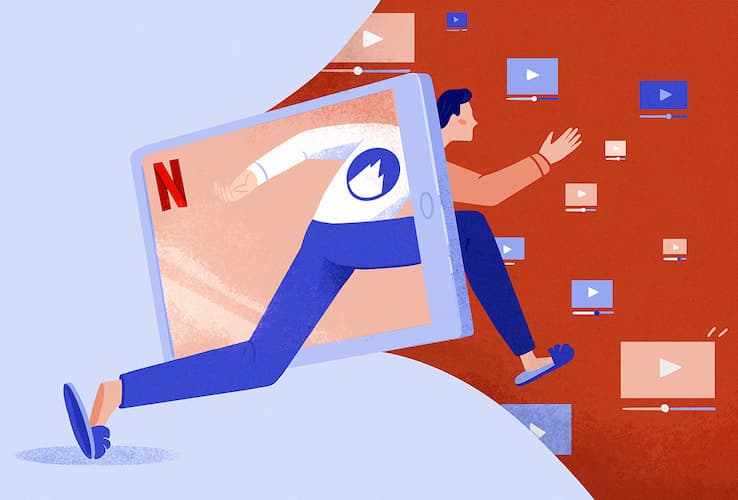 Una ilustración de un hombre con una camiseta con el logo de NordVPN caminando a través de un dispositivo que muestra el logo de Netflix.