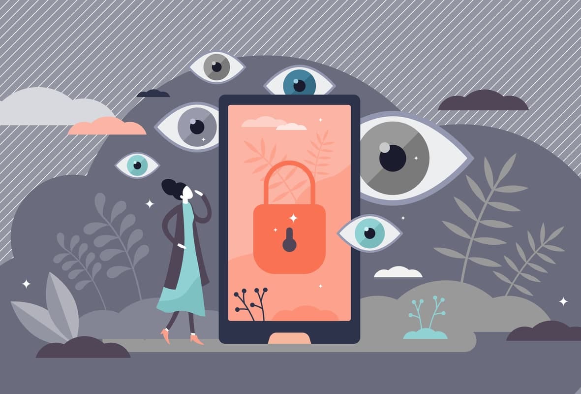 Illustration of a smartphone featuring a padlock and surrounding by watching eyes.