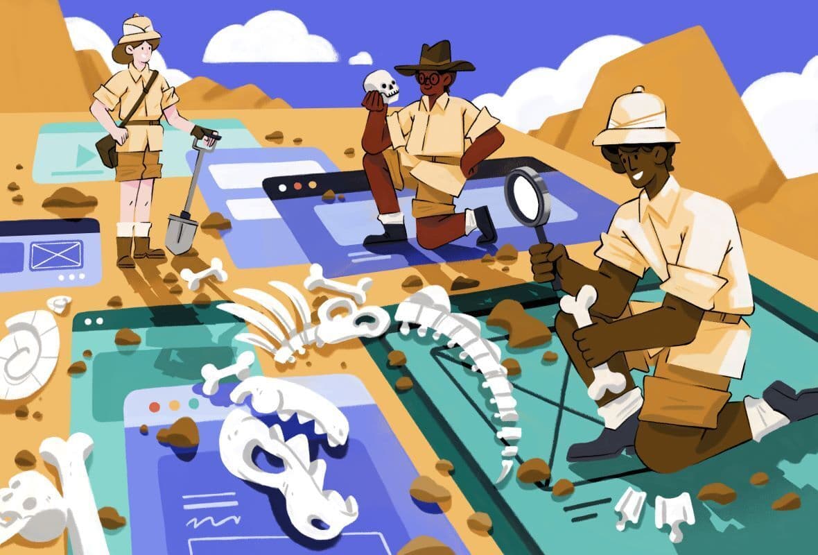 Graphical illustration of archaeologists looking at someone's browsing history
