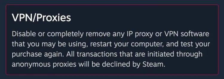 A Steam support message suggesting turning off all VPNs or proxies before attempting a purchase