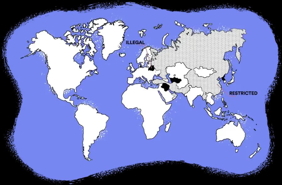 A world map showing the countries where VPNs are legal and those where they're illegal or restricted