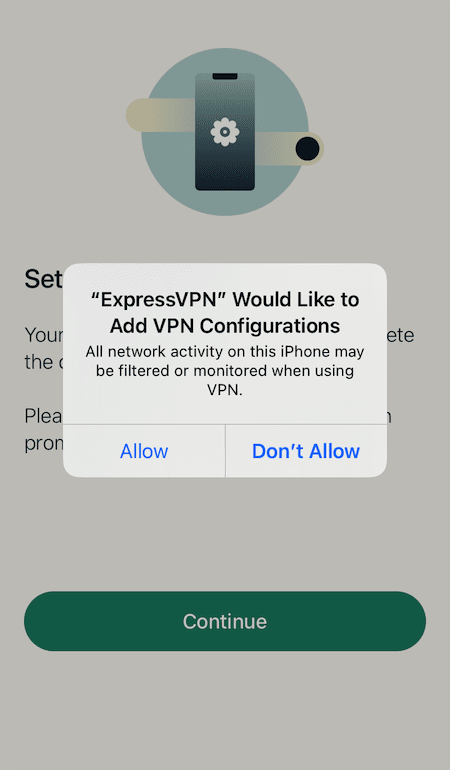 Diálogo de configuração de VPN da ExpressVPN no iOS