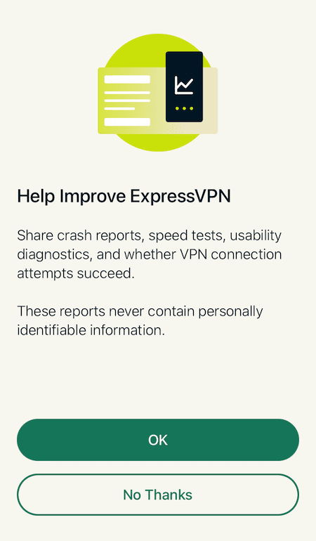 Diálogo de análise móvel da ExpressVPN no iOS