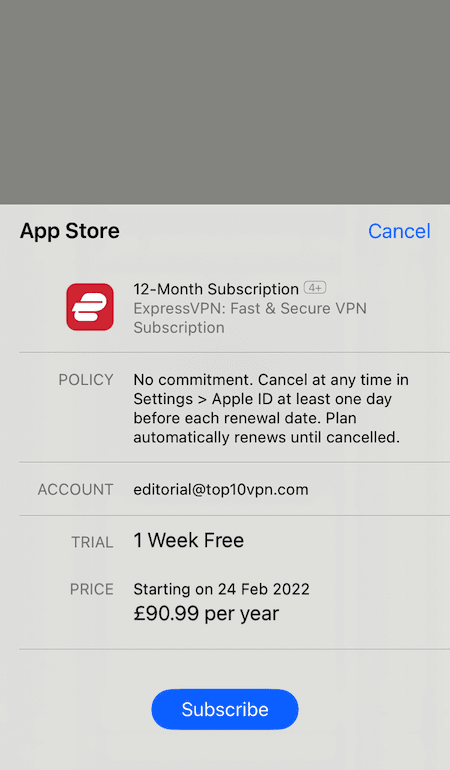 Bevestigingsdialoog voor ExpressVPN iOS-proefperiode