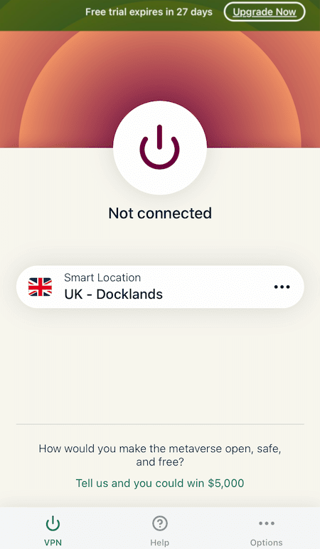 ExpressVPN iOS-Startbildschirm mit Testbanner