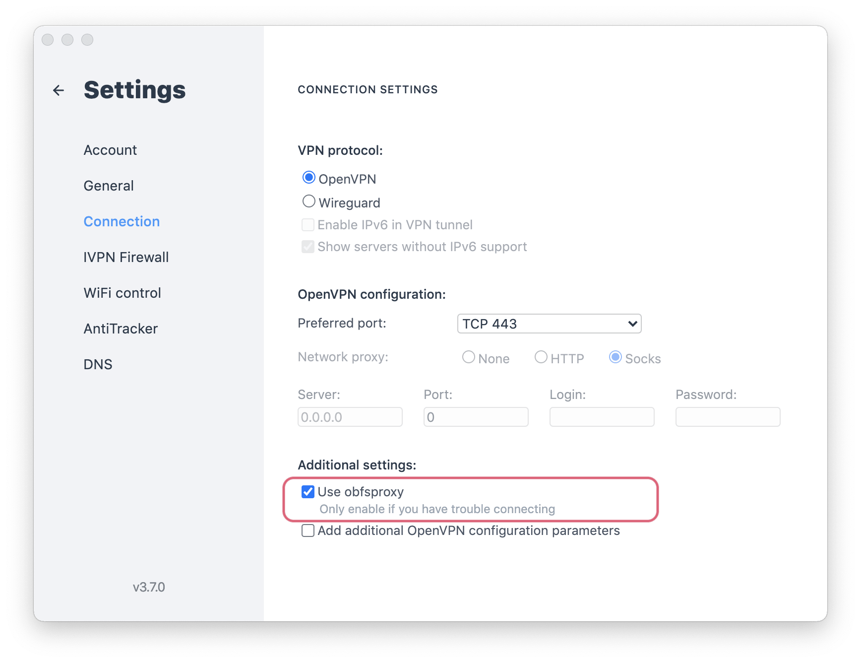 Screenshot of IVPN and their obfsproxy option in Settings > Connection > Additional settings.