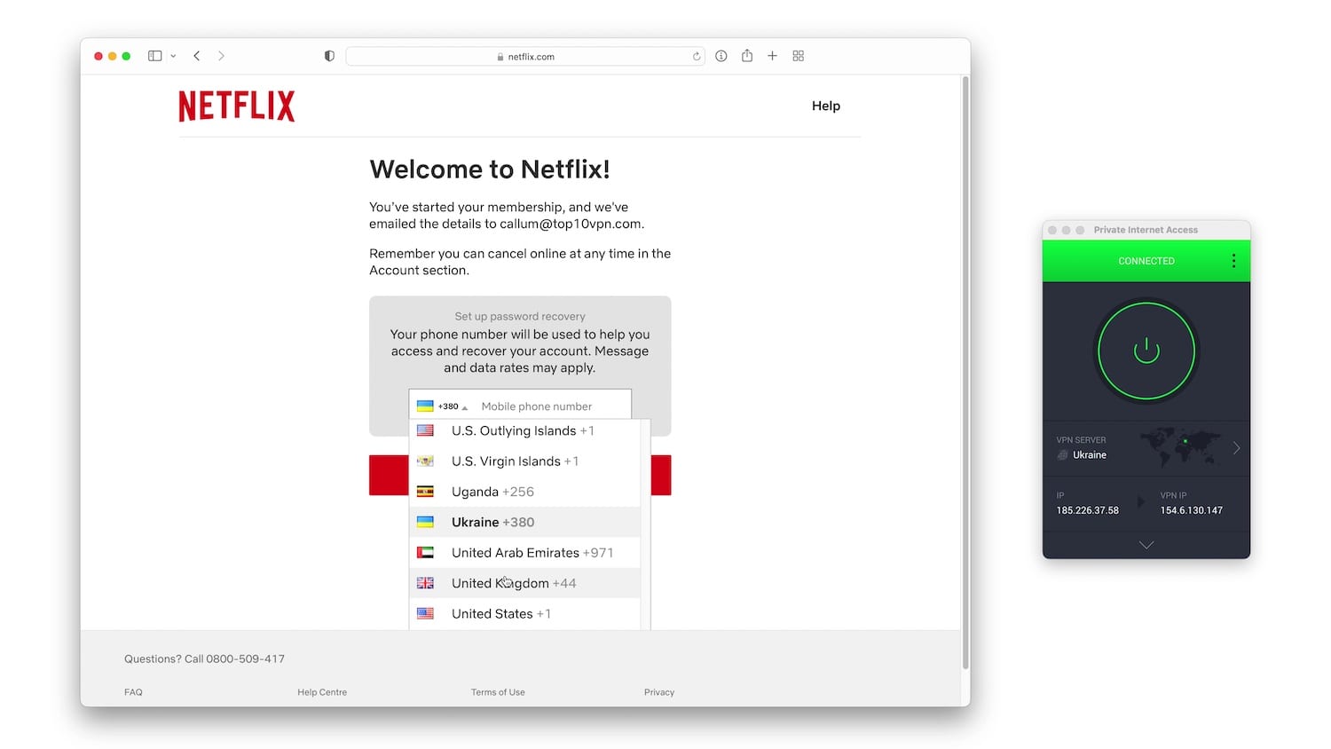 L'écran d'inscription à Netflix, avec un menu déroulant permettant de sélectionner l'indicatif téléphonique correspondant au numéro de mobile associé au compte.