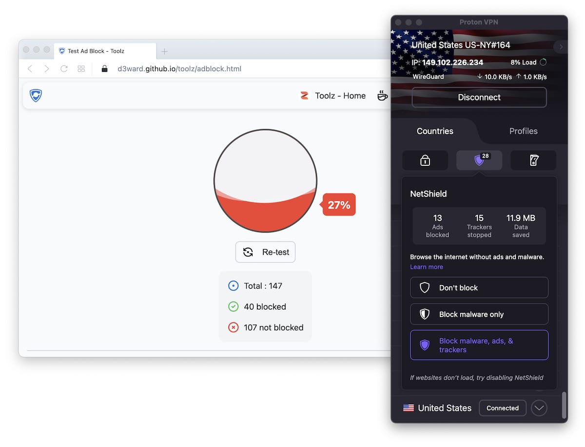 Test des in Proton VPN integrierten Ad- und Tracker-Blockers NetShield. Es erzielt mit dem d3ward-Werbeblocker-Testtool eine Erfolgsquote von 27 %