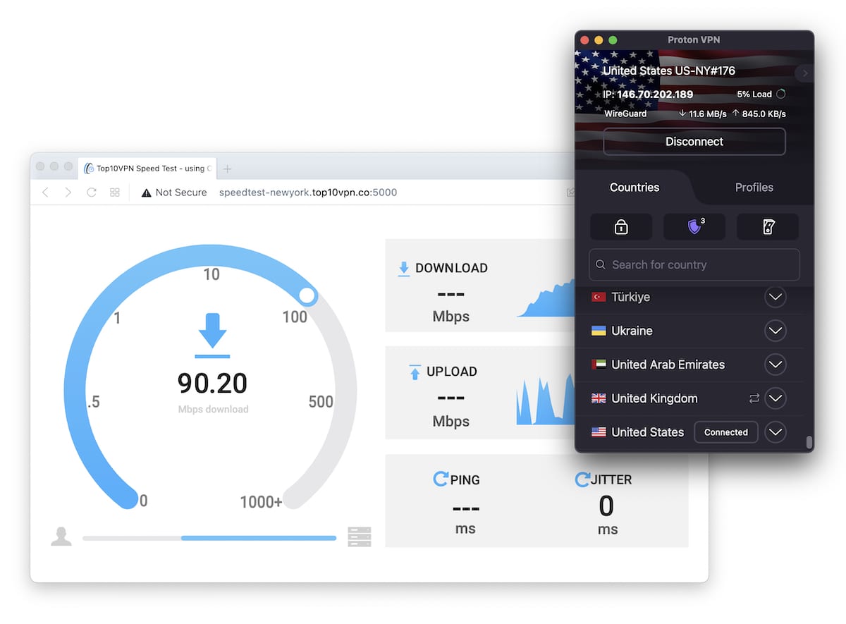 뉴욕 서버에서 Proton VPN 속도 테스트를 진행한 결과 90Mbps라는 빠른 다운로드 속도를 보였습니다.