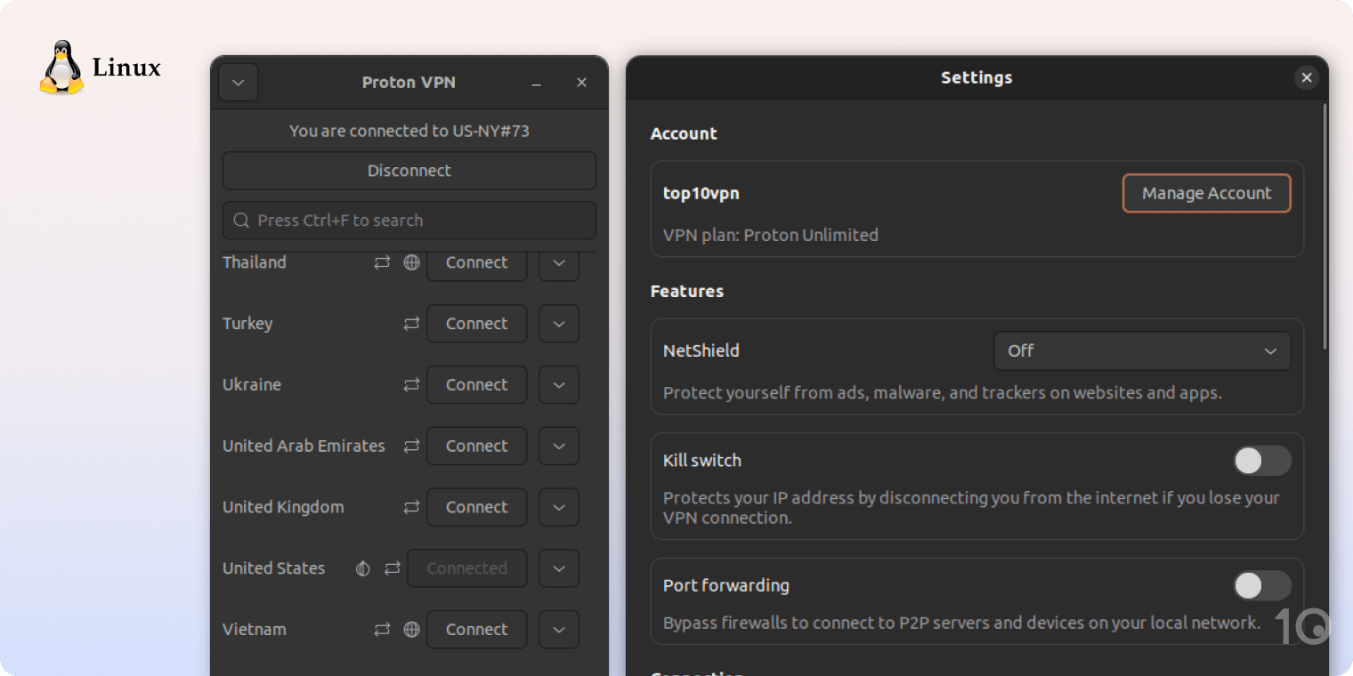 Proton VPN's app voor Linux