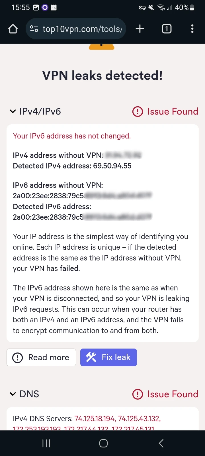 Screenshot of Top10VPN leak tool showing IPv6 leak in VPN Pro