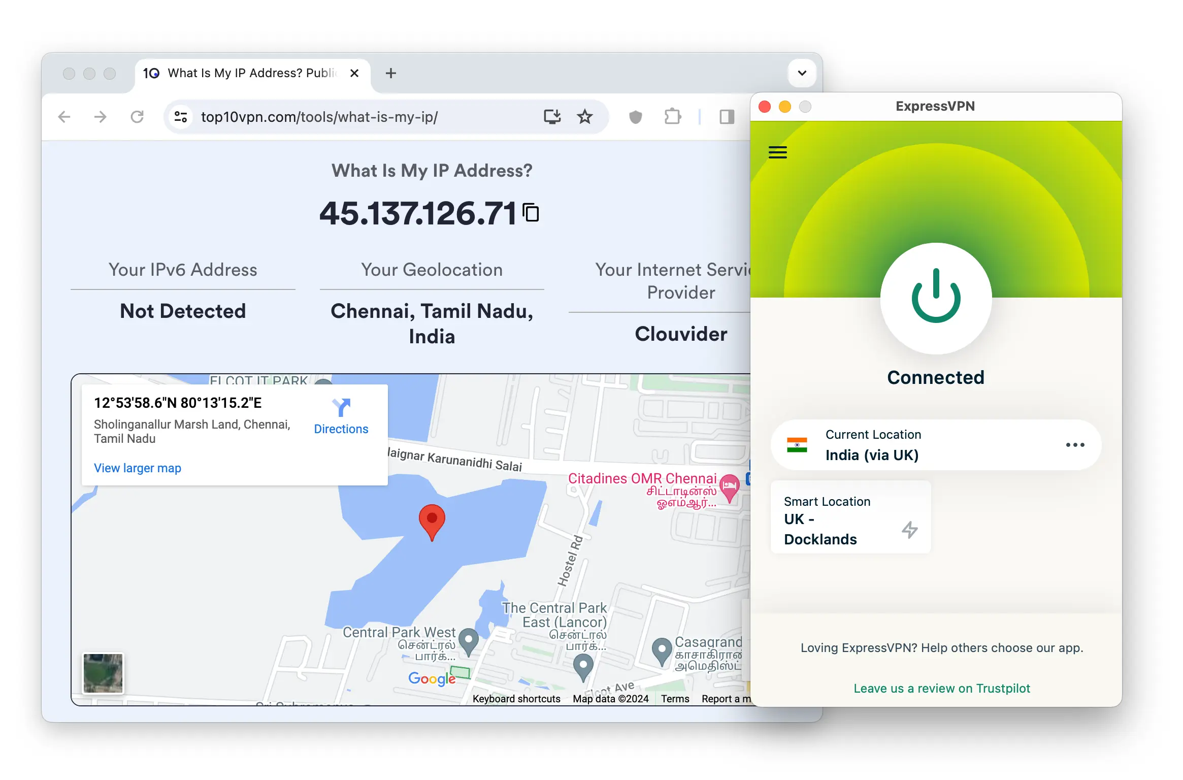 Using an IP lookup tool to verify our Indian VPN IP address