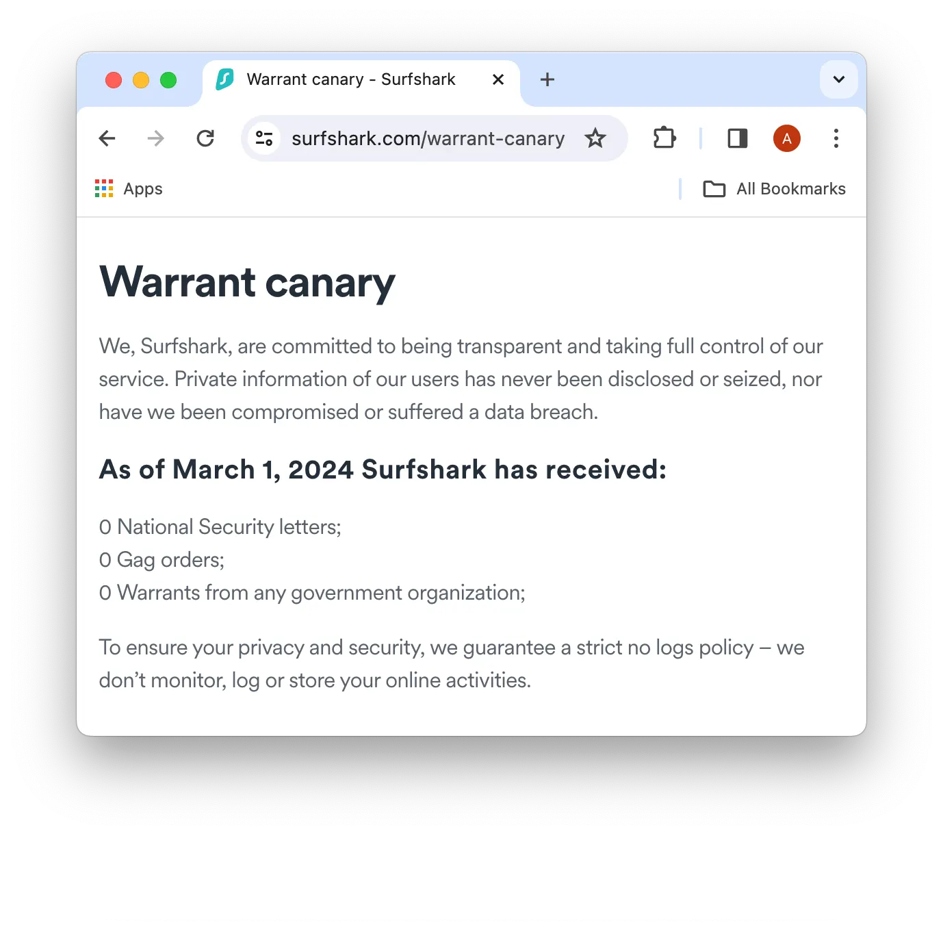 Surfshark's transparency report verifies that it’s never provided logs for a court order, subpoena, or a warrant