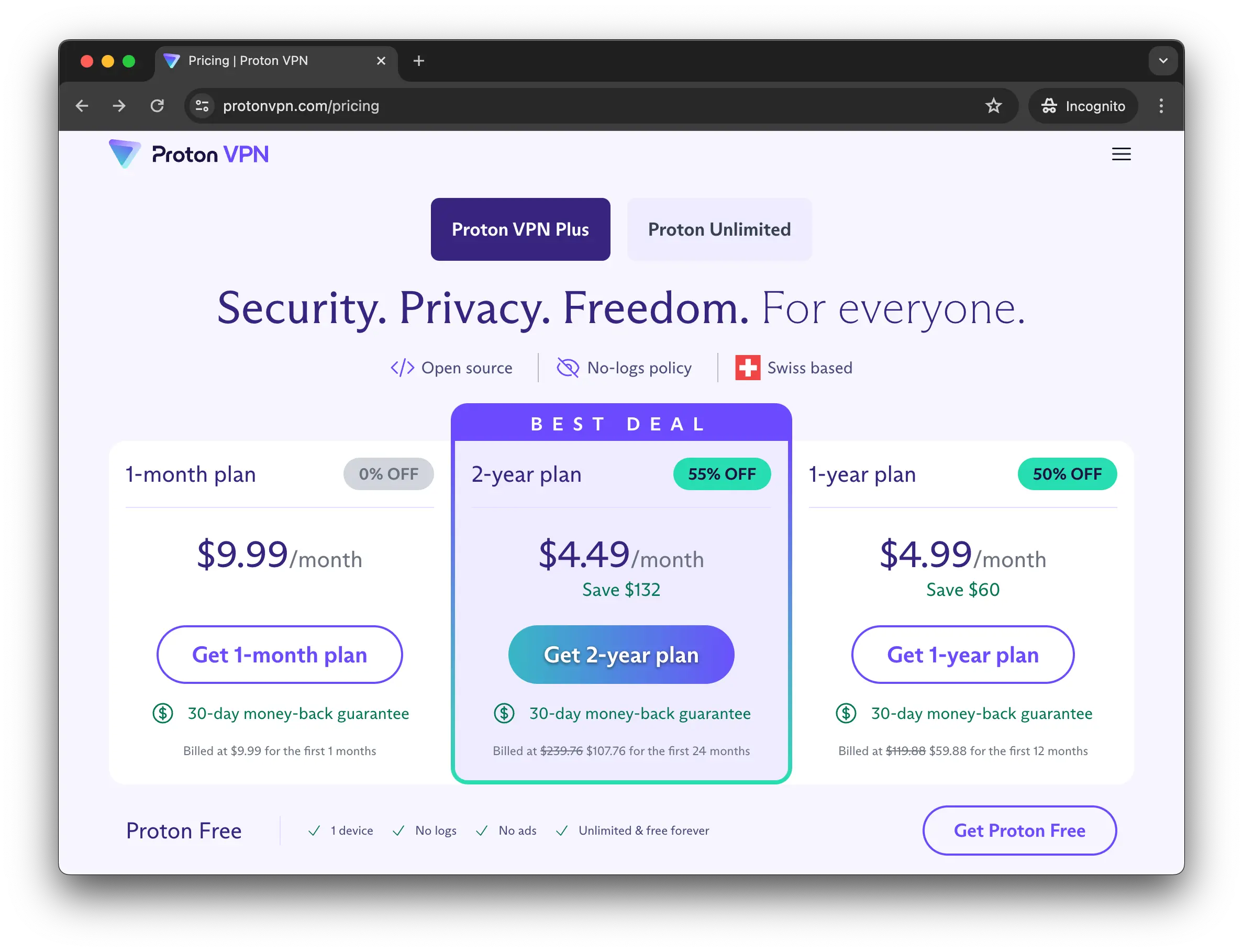 Página de registro de Proton VPN