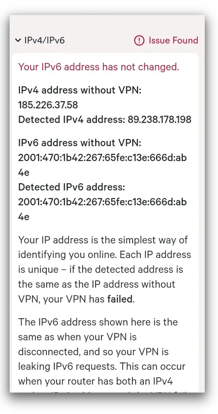 Screenshot of leak test tool results showing that uVPN has an IPv6 leak