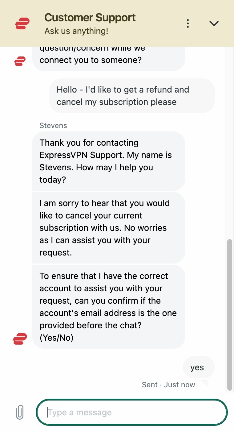 Abbiamo contattato il supporto tramite chat live di ExpressVPN per richiedere un rimborso